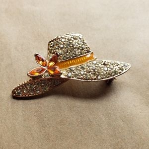 Monet Vintage Gold and Orange Rhinestone Hat Brooch